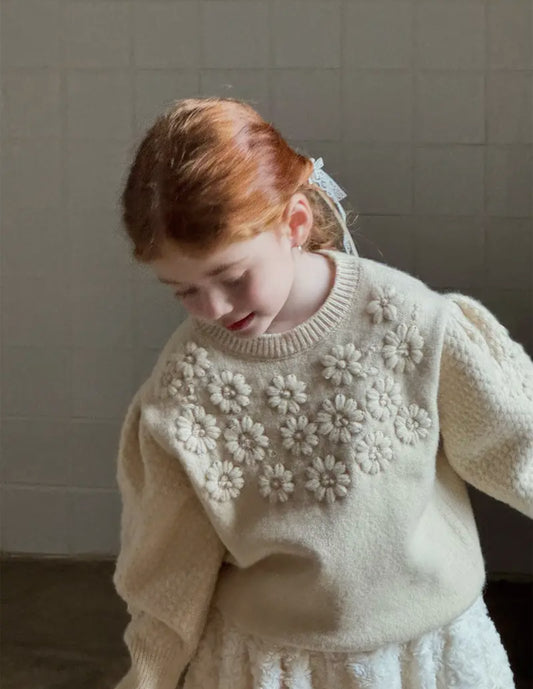 Girls' Hand-Crocheted Puff Sleeve Retro Floral Sweater